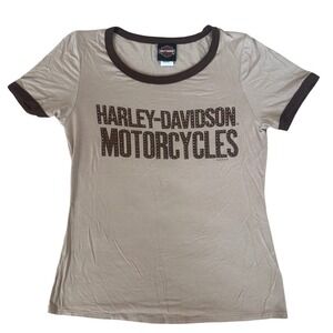 Harley-Davidson Motorcycles Studded Ringer T-Shirt Tan Brown HT4934SND Womens M